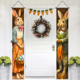 BlissYard 2Pcs Happy Easter Bunny Porch Banner Sign Bunny Banner Hanging Spring Door Banner Eggs Carrot Front Door Decorative Welcome Banner Spring Porch Banner Wall Front Door Spring Easter Supplies