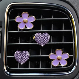 4PCS Car Air Vent Clips with Fragrance Pads, Cute Flower Car Air Fresheners Vents Clips Diamond Vent Clip Car Interior Decor Charm Bling Car Accessories Car Decoration for Women (Purple)