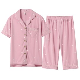 HEWEAYTA M-3XL Women's Pajamas, Short Sleeve, Open Front, Loungewear, Summer, 3/4 Length, Top and Bottom Set, Comfortable, Loose, Soft, purple, L