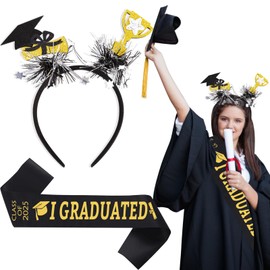 Xunerloy 2025 Graduate Satin Sash Graduation Headband Grad Decoration Set, Black Bachelor Headband, 2025 College Graduation Party Ceremonial Photo Props for Women Girls
