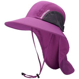BASSDASH UPF 50+ Unisex Water Resistant Wide Brim Sun Hat with Large Neck Flap Ponytail Fishing Hat for Men Women Purple Orchid