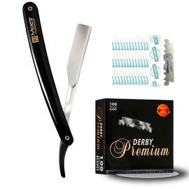 Navaja de afeitar recta profesional para hombre, navaja de barbero de filo recto con cuchillas Derby y estuche. Navaja de afeitar Shavette de acero inoxidable para hombre – Paquete d