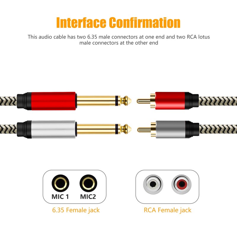 2x6.35 mm to 2RCA Cable,Dual 1/4 inch TS Stereo Jack