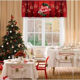 Deztibos Christmas Holly Wreath Kitchen Curtain Valance 52x18inch with Rod Pocket Half Short Red Ornaments Star Deer Laundry Cutain Topper Window Valance