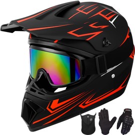 Yesmotor Youth Kids Motocross Helmet Full Face Motorcycle Dirt Bike Off-Road Mountain Bike BMX MX ATV Helmet- DOT Approved with(Gloves Goggles Mask) 4Pcs Set (Red,M)