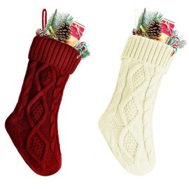 meioro Christmas Stockings Cable Knit Stocking Christmas Decorations Goodie Bags Gift Fireplace Xmas Tree Stocking Ornaments for Holiday Family Friends (White+Red, Length 14",Pack of 2)