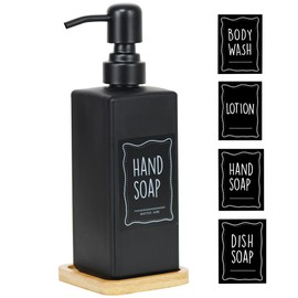 LuHeToz 16OZ Modern soap Dispenser Set with Bamboo Tray and Stainless Steel Pump and Four Waterproof Labels. Luxury Soap Bottle for Kitchen,Bathroom. (1, Black)