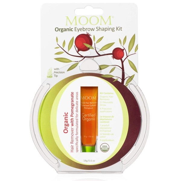 MOOM Organic Eyebrow Waxing Kit with Pomegranate Oil & Chamomile - Natural Sugar Hair Removal Glaze with 12 Reusable Strips & 4 Applicators for Sculpting 0.6 oz. 1 Pack