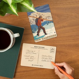 New Hampshire, Skier Carrying Skis (4x6 Birch Wood Postcards, 2-Pack Stationary, Rustic Home Wall Decor)