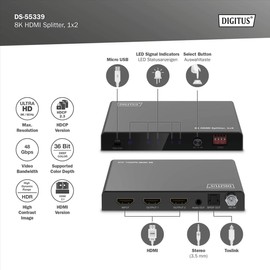 DIGITUS DS-55339 HDMI Splitter 1x2 - Input: 1 Port/Output: 2-Port - UHD 8K/60Hz HDTV: 7680 × 4320p - HDCP 2.3 & HDMI 2.1 - HDR, Deep Color, EDID Switch - Toslink, Stereo (3.5mm)