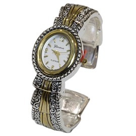 Blekon Collections Silver Metal Western Style Decorated Oval Face Women's Bangle Cuff Watch (Two-Tone)
