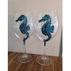 Seahorse Blue Green Hand Painted Wine Glasses Set of 2