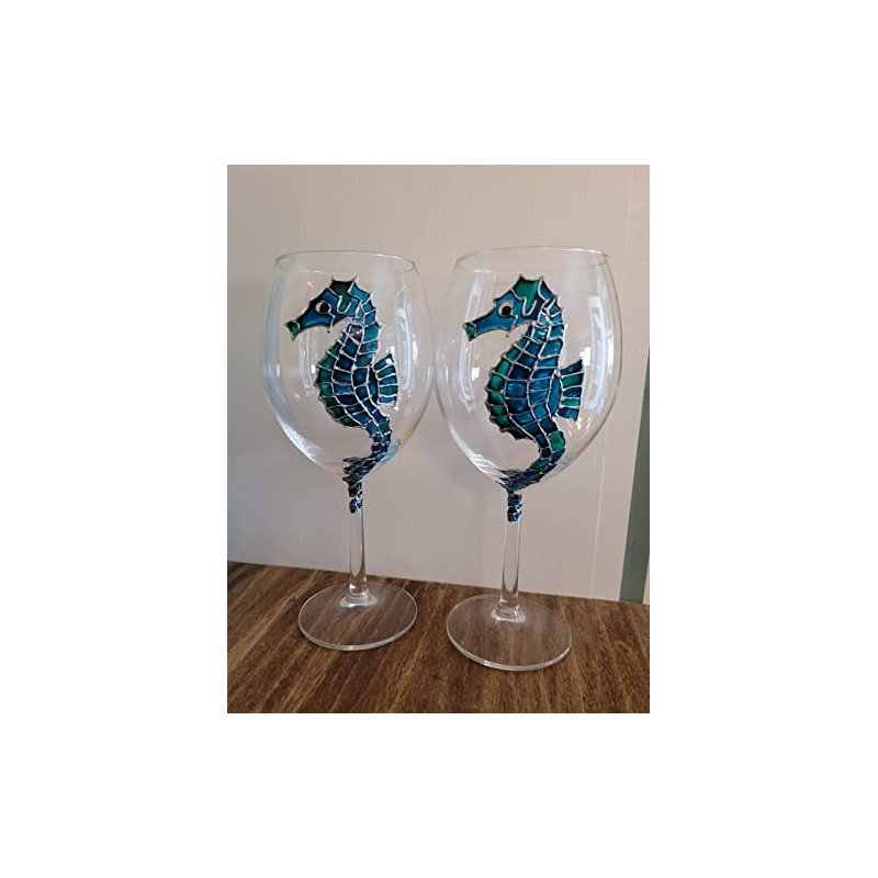 Seahorse Blue Green Hand Painted Wine Glasses Set of 2