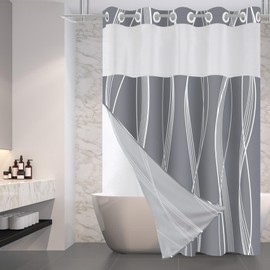 TWLSNCD Extra Long No Hook Dark Grey Striped Shower Curtain with Snap in Fabric Liner Set - Hotel Modern Style Double Layer for Bathroom, 71x84 Inches