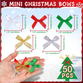YGDZ Mini Christmas Bows, 50PCS Ribbon Bows, Small Bows for Crafts, Bow Ornaments for Christmas Tree, Christmas Crafts, Party Decor, Gift Wrapping (Red, Green, Silver, Gold, White)