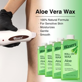 Waxers Roll on Wax Kit for Hair Removal Aloe Vera Wax Roller Waxing Kit with 2 Soft Depilatory Waxing Cartridges Warmer & Strips for Sensitive Skin at Home for Beginners