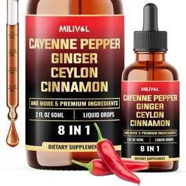 MILIVOL 8in1 Cayenne Pepper Liquid Drops with Ginger, Ceylon Cinnamon and 5 More Herbals - Digestion, Circulatory Heath Support - 2 Fl Oz for 2 Months