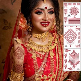 mdgfge Brown Red Henna Tattoo Kit, Lace Fake Tattoos Temporary Stickers Waterproof Tattoo Stickers for Women Wedding Festival Party Body Art Decoration (8 Sheets)