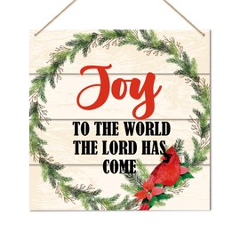 Christmas Decorations Sign, Christmas Religious Sign for Front Door Porch, Rustic Cardinal Bird Christmas Decor for Home Kitchen, Xmas Decor Winter Holiday Indoor, Joy to The World