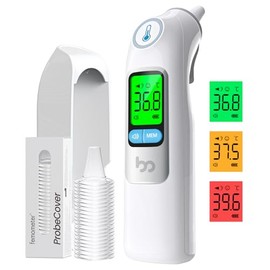 Fever Thermometer Ear for Adults & Children, 1s Result High Precision Ear Thermometer, 30 Memory Retrieves, 3-Colour Fever Alarm, with 21 Disposable Probe Covers & Storage Box (LCD White)