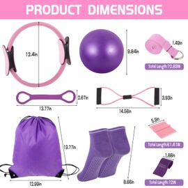 21 Pcs Pilates Ring Circle Set for Women, Includes 9.8 in Ball Yoga, Ring Stretching, Strap Bands, Non Slip Socks, Back Bags for Workout, Commonly Used for Yoga, Pilates, Stretching, Fitness