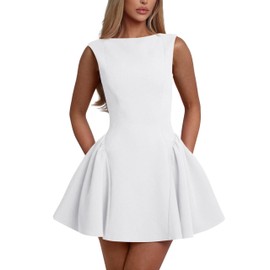 YMDUCH Women's Summer Sleeveless Crew Neck Backless A-line Mini Party Prom Dress White