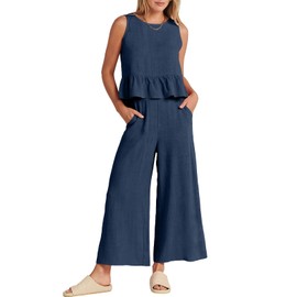 ANRABESS Women Summer 2 Piece Outfits Sleeveless Tank Crop Top Wide Leg Pants Linen Jumpsuits Lounge Matching Beach Sets Navy Blue Small