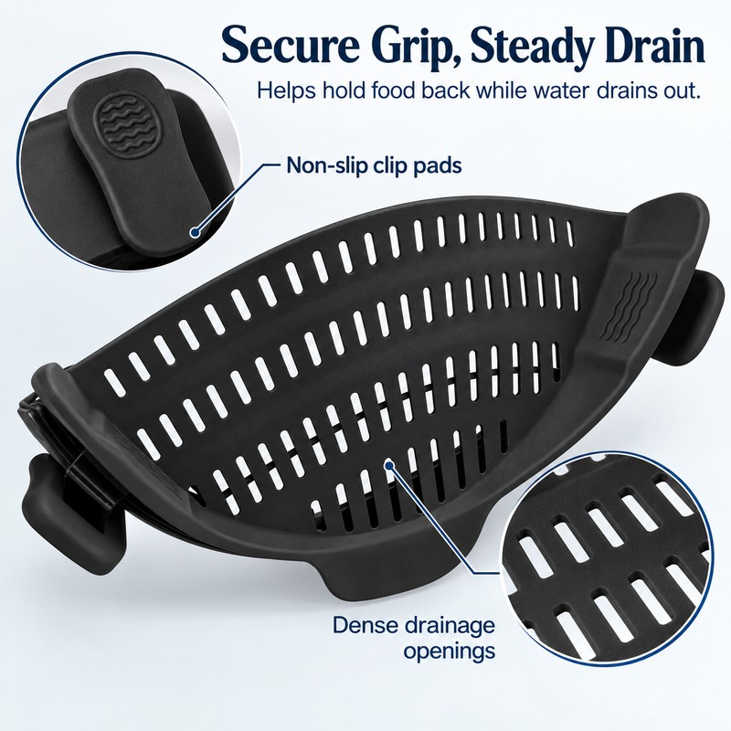 Clip-On Silicone Pot Strainer for Pasta, Vegetables & More –
