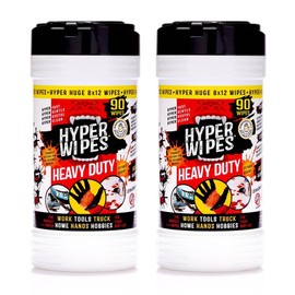 Hyper Wipes, 2 Pack Heavy Duty Hand & Tool Cleaning Wipes, 8"x12" Size Multi-Surface Cleaning Wipes, Degreasing, All Purpose Cleaner, Bathroom, Mechanic, Work Surface Wipes, 180 Count Canister