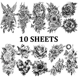 Large Black Temporary Tattoos, 70 Sheets Waterproof Fake Tattoos for Adults and Kids, Half Arm Sleeve Tattoos in 24 cm x 13.6 cm (White)