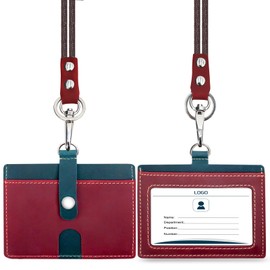 Boshiho Leather ID Card Holder Vertical Style Genuine Cowhide Credit Card Holder Stretchy Lanyard and Pen Holder for Office (Red-2)