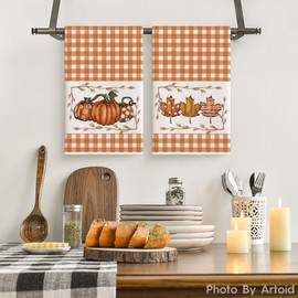 Artoid Mode Orange Stripes Polka Dot Pumpkin Fall Kitchen Towels Dish Towels, 18x26 Inch Farmhouse Maple Leaves Decoration Hand Towels Set of 2