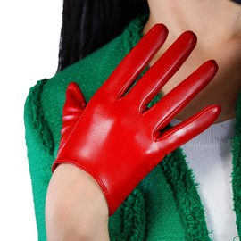 DooWay Women's Fashion Short Leather Gloves Faux Lambskin PU for Dressy Costume Driving 16 cm (Red)