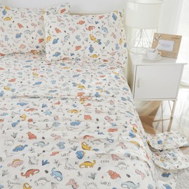 Brandream Boys Bed Sheet Set Queen Size Kids Bedding Dinosaur Print 100% Soft Cotton Gauze Sheet Pillowcase Set 4Pcs Soft and Breathable, Cream