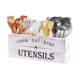 Kitchen Utensil Holder for Counter or Countertop, Extra Large Wood Organizer with 4 Compartments, Wooden Storage for Cooking and Silverware, Rustic Minimalist Decor, Sturdy Utensil Crock-White