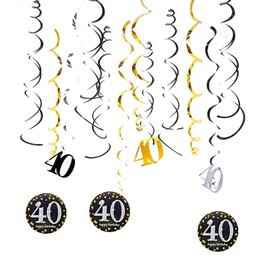 40th Birthday Decoration, 40th Birthday Party Hanging Swirls Streams Ceiling Decorations 12 Pieces Birthday Hanging Decoration Ceiling Hanger Spiral Garlands Black Gold Birthday Hanging Swirl
