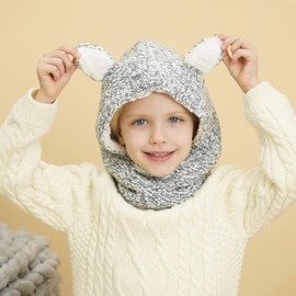 Magracy Baby Toddler Kids Winter Warm Knitted Hood Hat for Girls Fleece Lined Knit Hat Scarves with Ears S Grey
