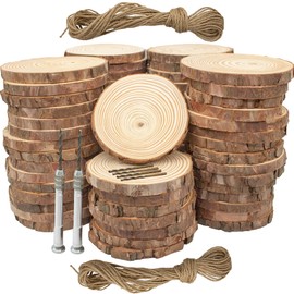 Unfinished Natural Wooden Slices 3.2-4 Inch Wood Circles for Crafts DIY Christmas Ornament Craft Wood Kit with Bit,Blank Round Wood Slice with Bark for Art,Painting,Party (Wood Slices 70 pcs)