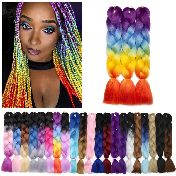 Ombre 24 inch Jumbo Braid Hair Extensions Rainbow Jumbo Box Braids Crochet Hair Long for Women Kids DIY High Temperature Synthetic Fiber 4 Tones Purple+Blue+Yellow+Orange 3 Bundles
