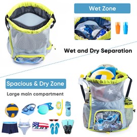 Drawstring Backpack Sandproof - Mesh Backpack Beach Bag with Shoe Compartment - Swim Bag for Beach, Pool - Pool Bag with Pockets for Toiletries - Wet Bag for Swimsuit - Summer Camp Essentials