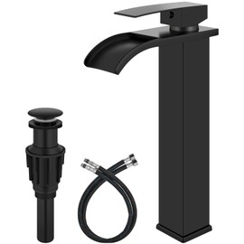 Vessel Sink Faucet Waterfall Tall Bathroom Faucet Single Handle,Single Hole Lavatory Vanity Mixer Tap with Pop Up Drain and Supply Lines,Matte Black