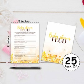 Baby Shower Party Games, Baby Shower Feud Game, 25 Honey Bee Gender Reveal Party Games Cards (5" X 7"), Bumble Bee Baby Shower Supplies Decorations -02