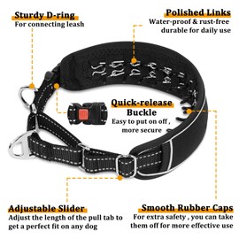 Mayerzon Martingale Dog Collar No Pull for Large Medium Dogs, Adjustable Neoprene Walking Collar for Pitbull German Shepherd Rottweiler, Reflective Anti Pull Design for Training Hiking(M, Black)