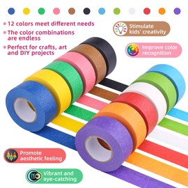 Colored Masking Tape, Rainbow Colors Painters Tape Colorful Craft Art Paper Tape for Kids Labeling Arts Crafts DIY Decorative Coding Decoration Teaching Supplies, 12 Rolls, 1 Inch Wide x26.2Yards Long