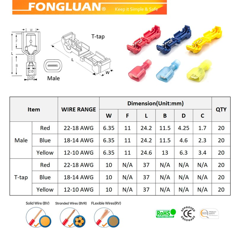 FONGLUAN 120pcs T-Tap Quick Splice Wire Connectors 24-10 Gauge Quick