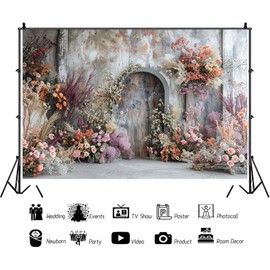 Romantic Morandi Tones Wedding Scene Photography Background Boho Pink Purple Floral Stone Arch Deco Wall Photo Backdrop Maternity Portrait Decor Backdrop (7x5ft)