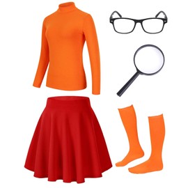 QAQ-COSPLAY Womens Velma Costume Adult - Orange Turtleneck Top, Skirt, Knee-high Socks, Glasses, and Magnifying Glass