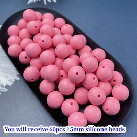 Silicone Beads, 60pcs 15mm Silicone Beads for Keychain Making Bulk Round Silicone Beads Rubber Loose Craft Beads for Bracelet Necklace Earring Jewelry DIY Crafts Making(Pink)