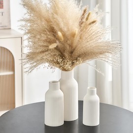White Ceramic Vase Set of 3, Boho Vases Home Decor, Modern Farmhouse Vase for Pampas Grass, Flowers, Decorative White Vases Centerpieces for Wedding Living Room Bedroom Coffee Table Shelf Entryway