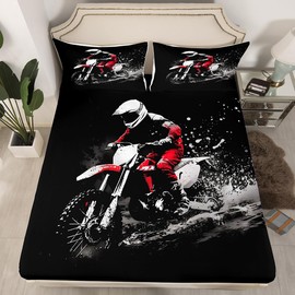 Feelyou Dirt Bike Fitted Sheet Twin Size Extreme Sports Bed Sheet Set Ultra Soft Racing Themed Fitted Sheet for Kids Boys Girls Motorcycle Bed Cover Room Decor Motorbike Bed Set